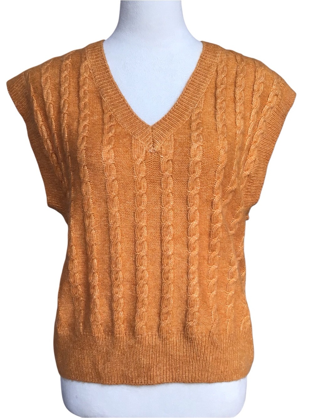 Cupcakes And Cashmere Gold V Neck Cable Knit Sweater Top NEW